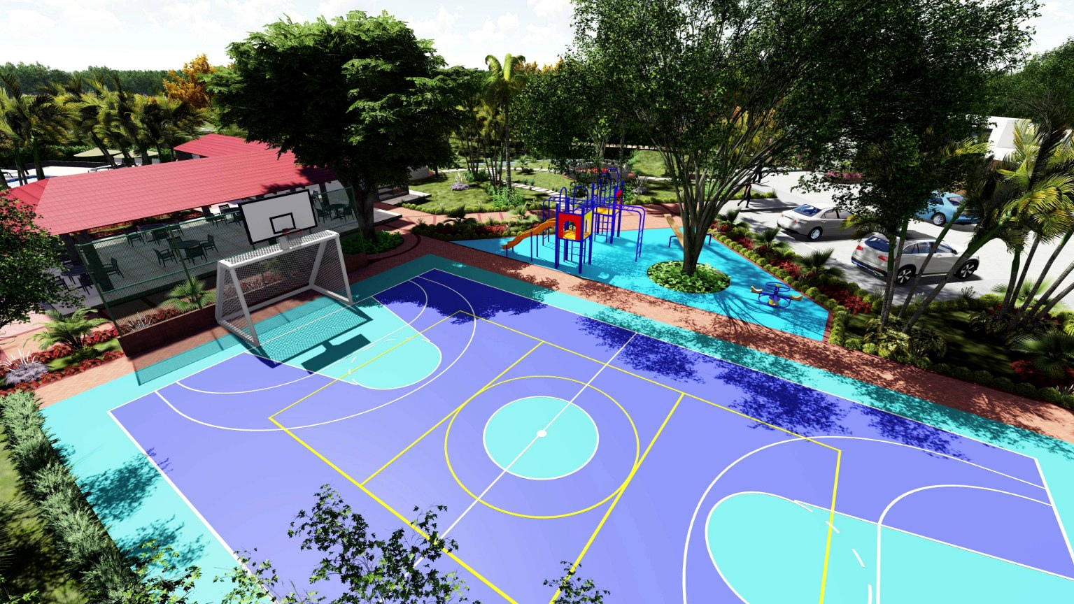 Cancha múltiple de fútbol y baloncesto junto al parque infantil