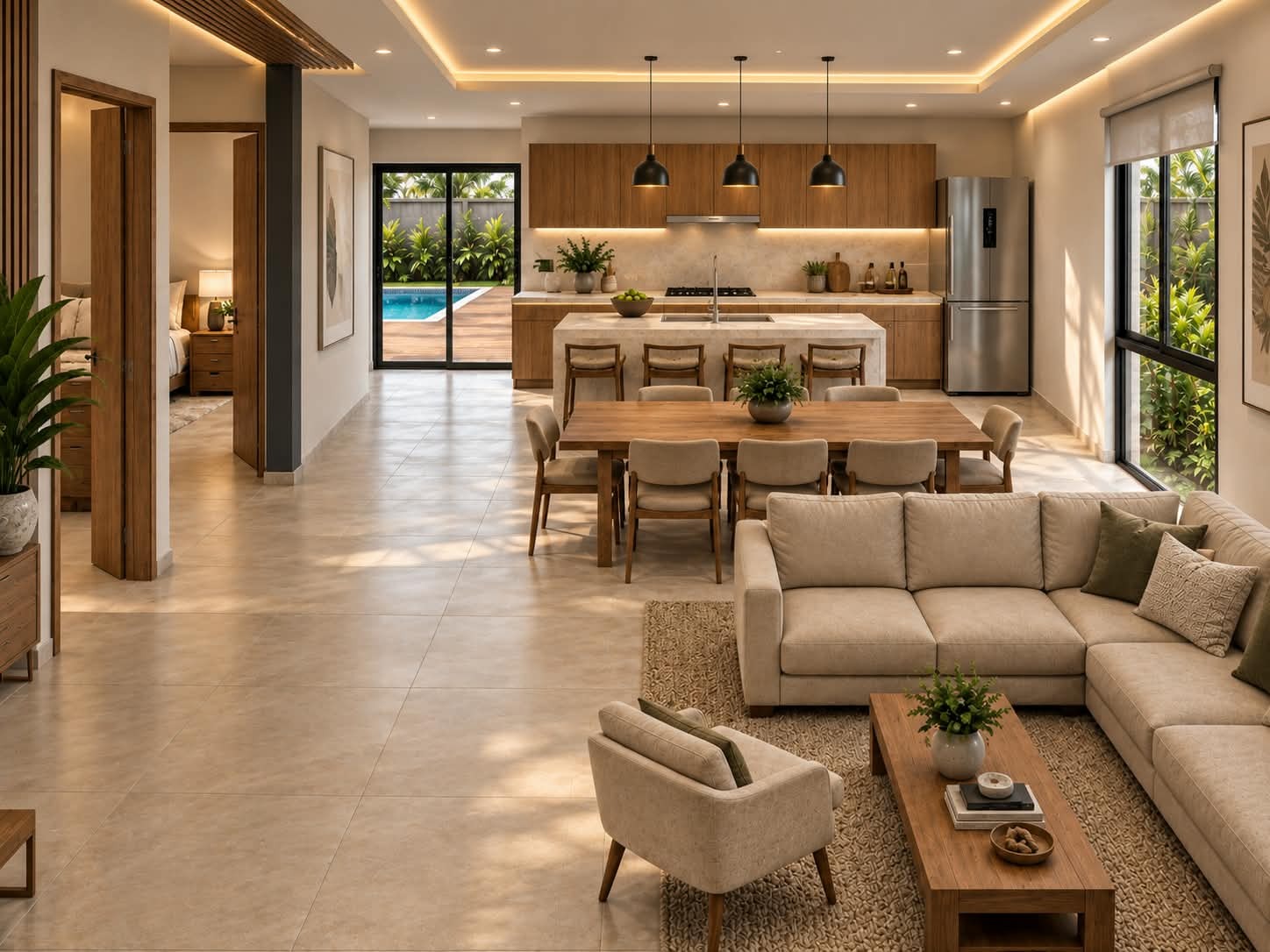 Sala, comedor y cocina integrados de la Casa Tipo A Premium