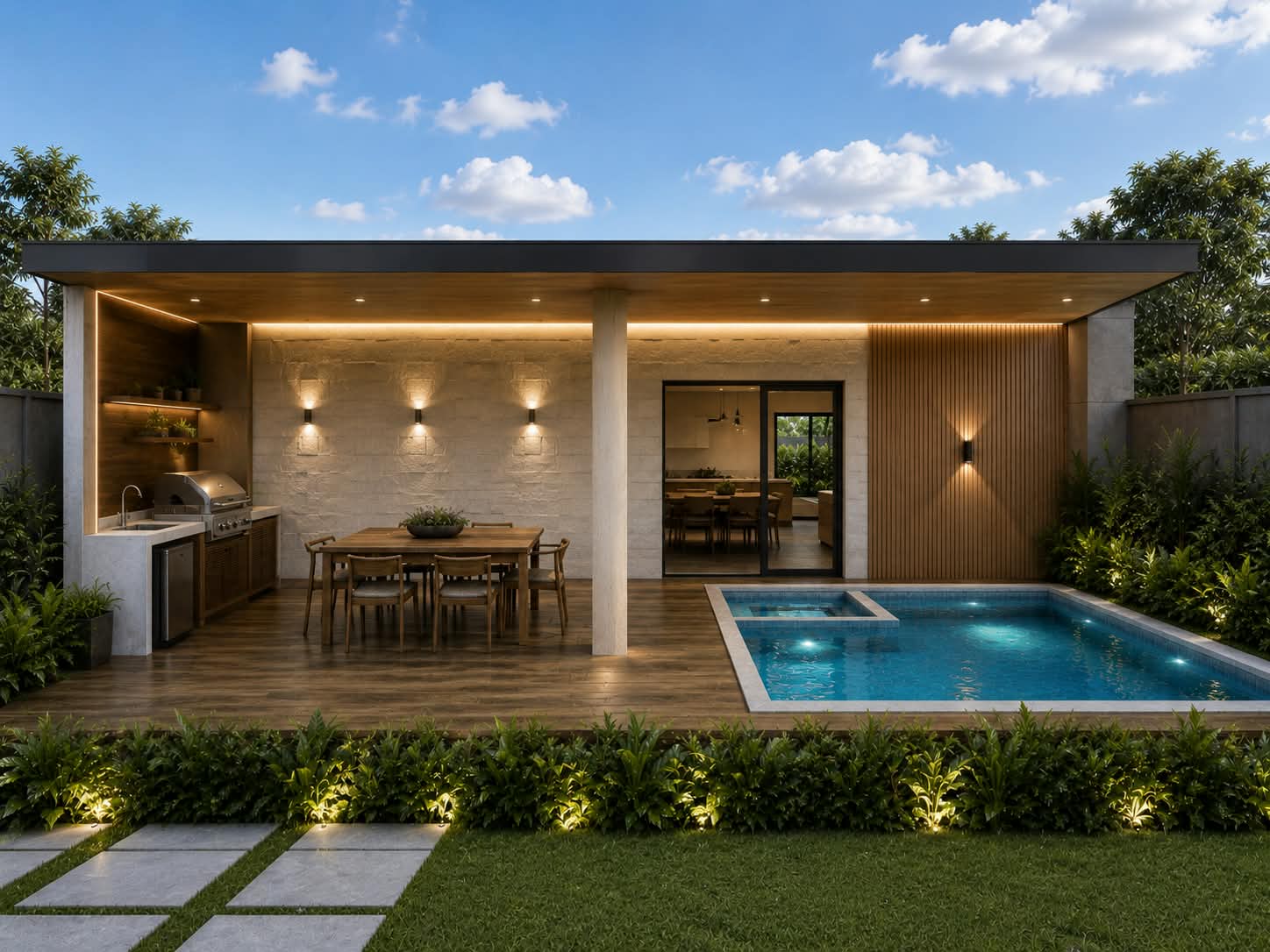 Terraza BBQ con pérgola de la Casa Tipo A Premium, con opción de piscina y banca de hidromasaje