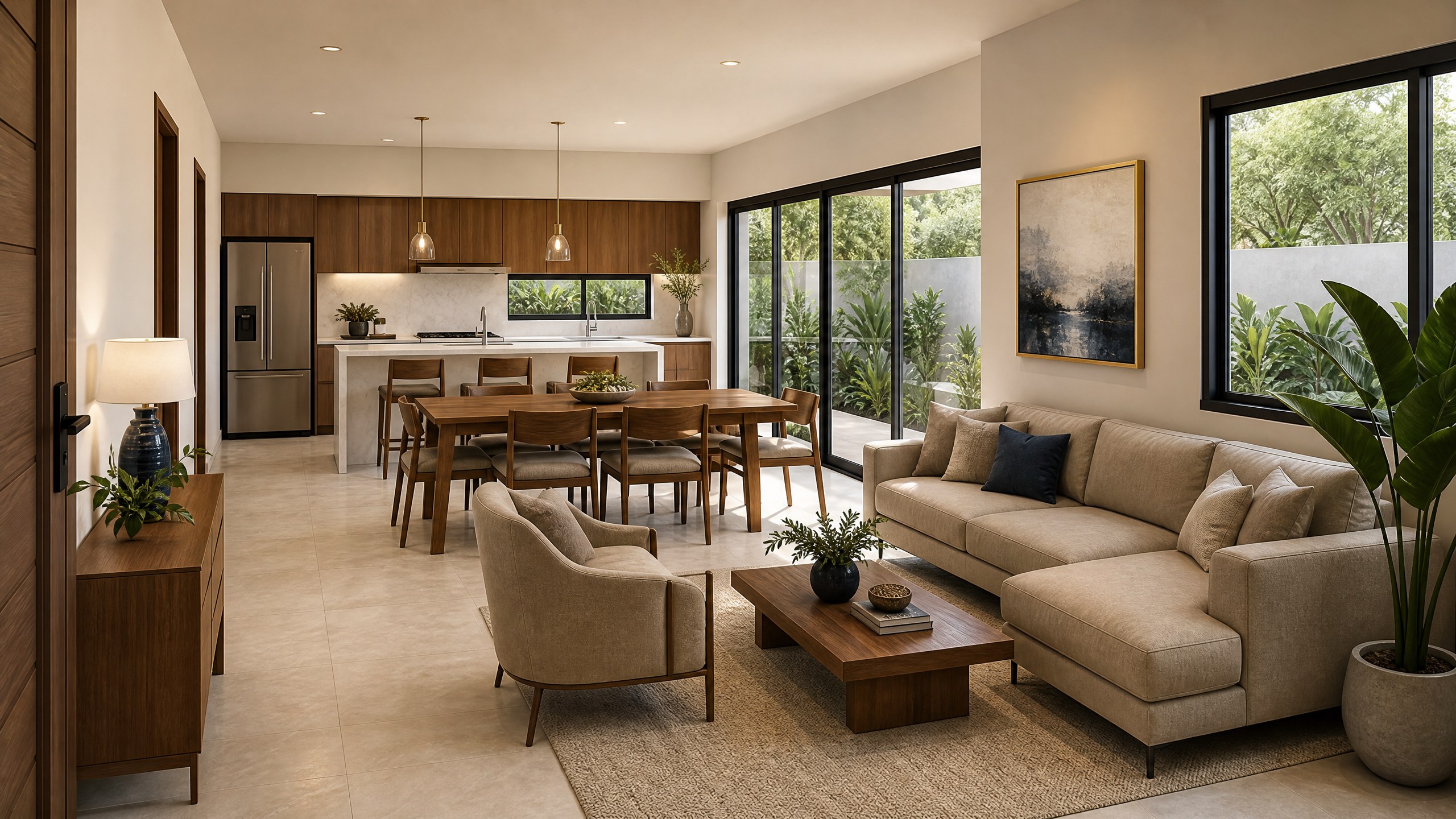 Sala, comedor y cocina integrados