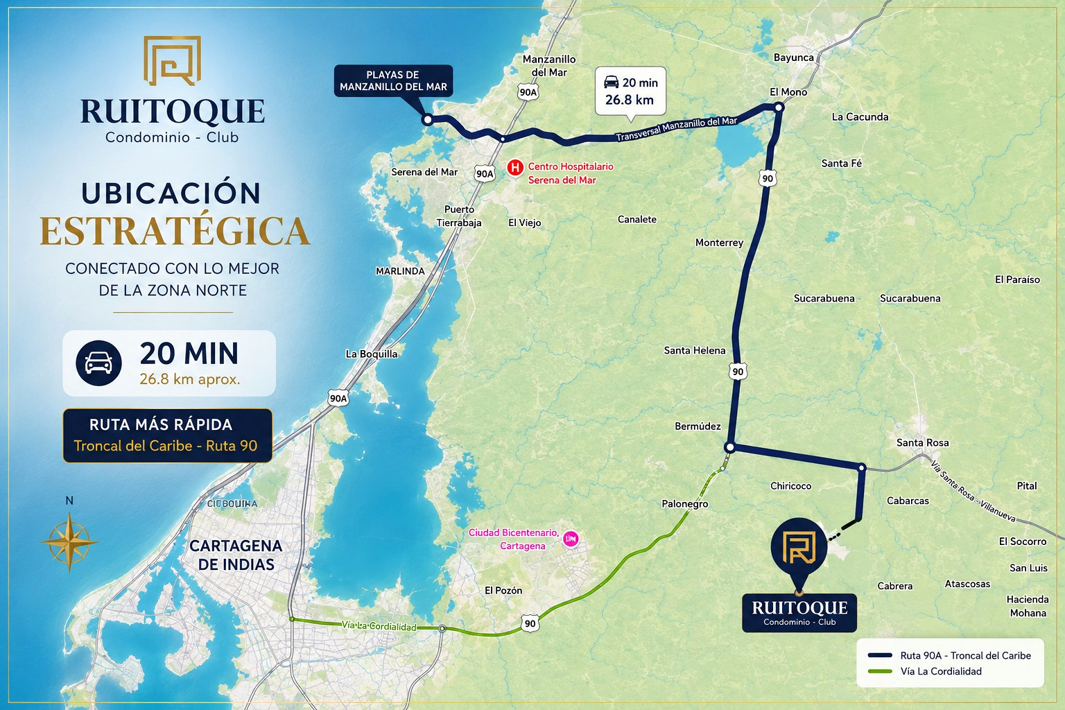 Mapa de ubicación de Ruitoque mostrando la ruta desde Cartagena por la Troncal del Caribe, 20 minutos y 26.8 km