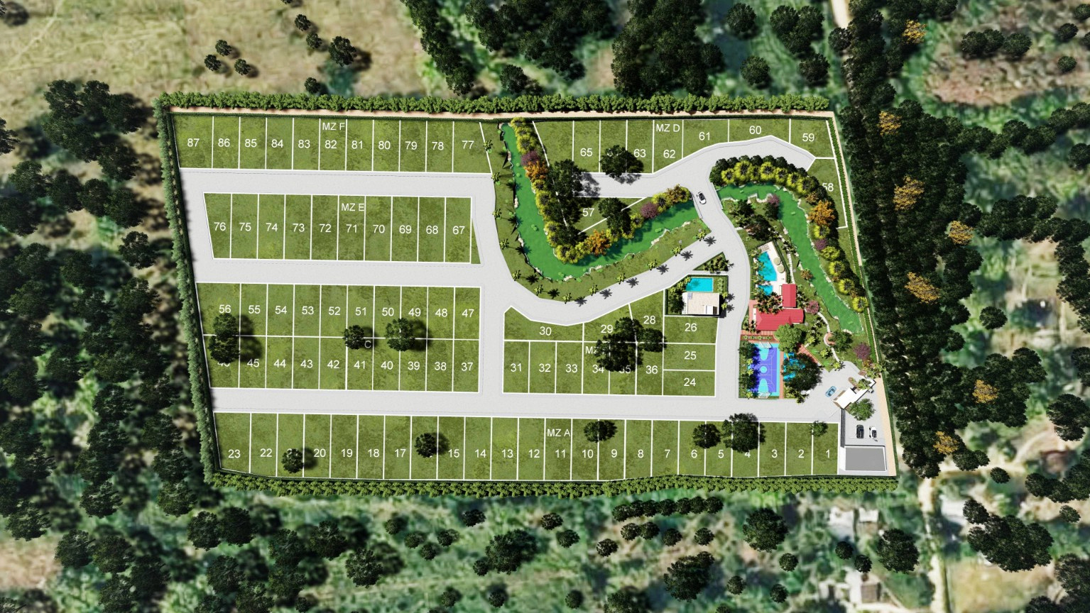 Vista aérea de las zonas verdes del condominio