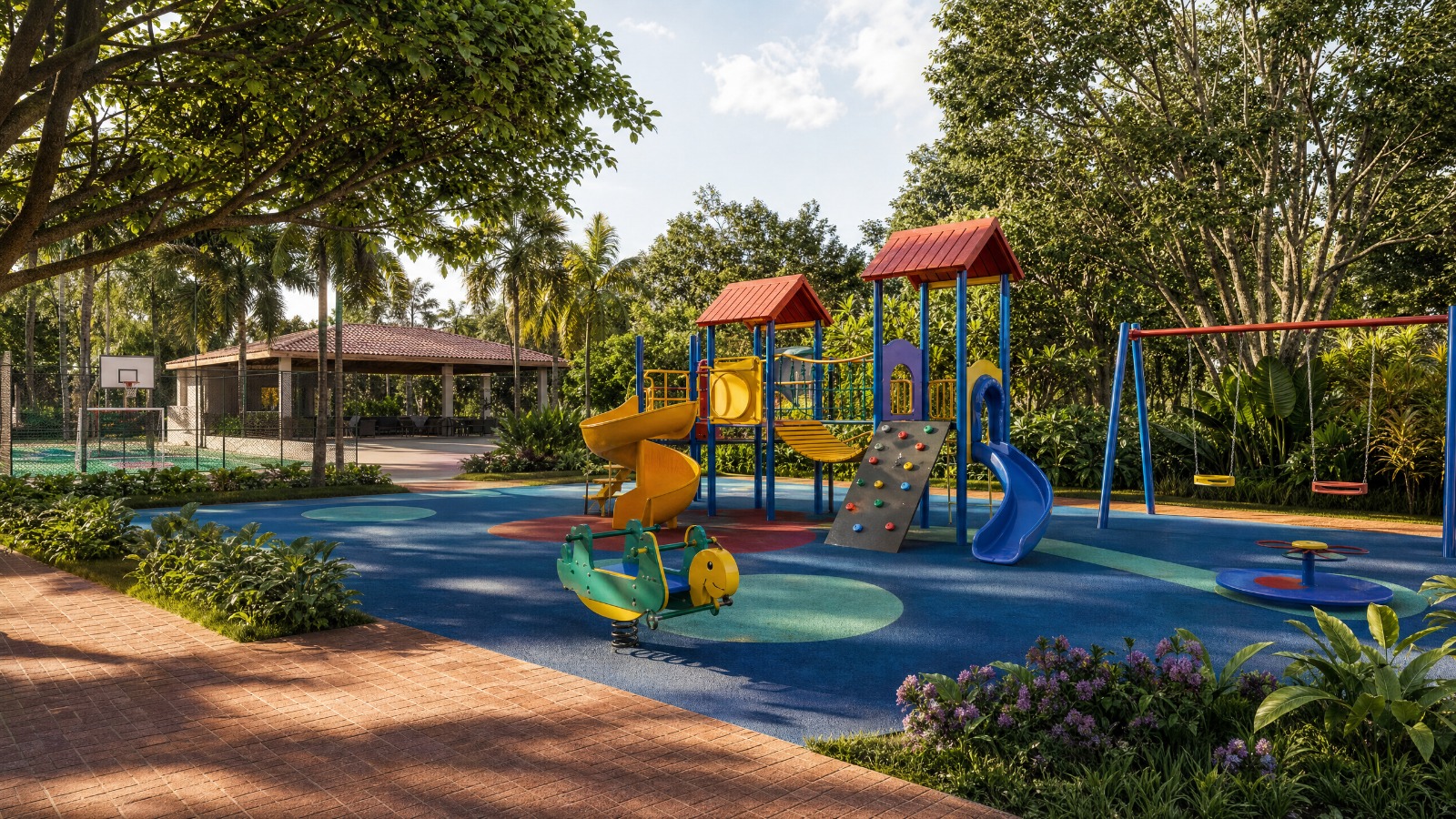Parque infantil junto a la cancha múltiple, de día