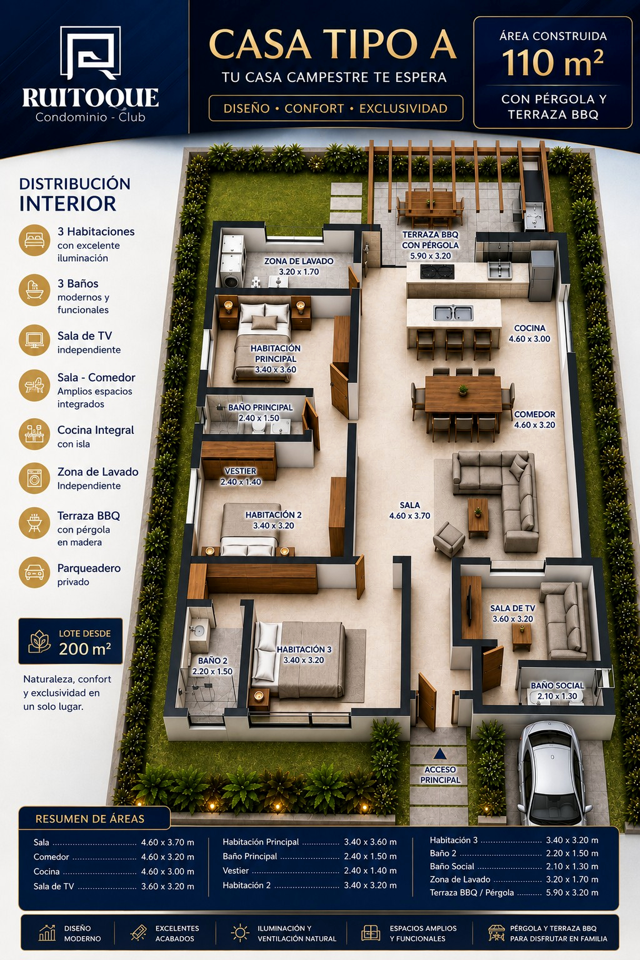Plano isométrico acotado del modelo de casa seleccionado, con distribución de ambientes