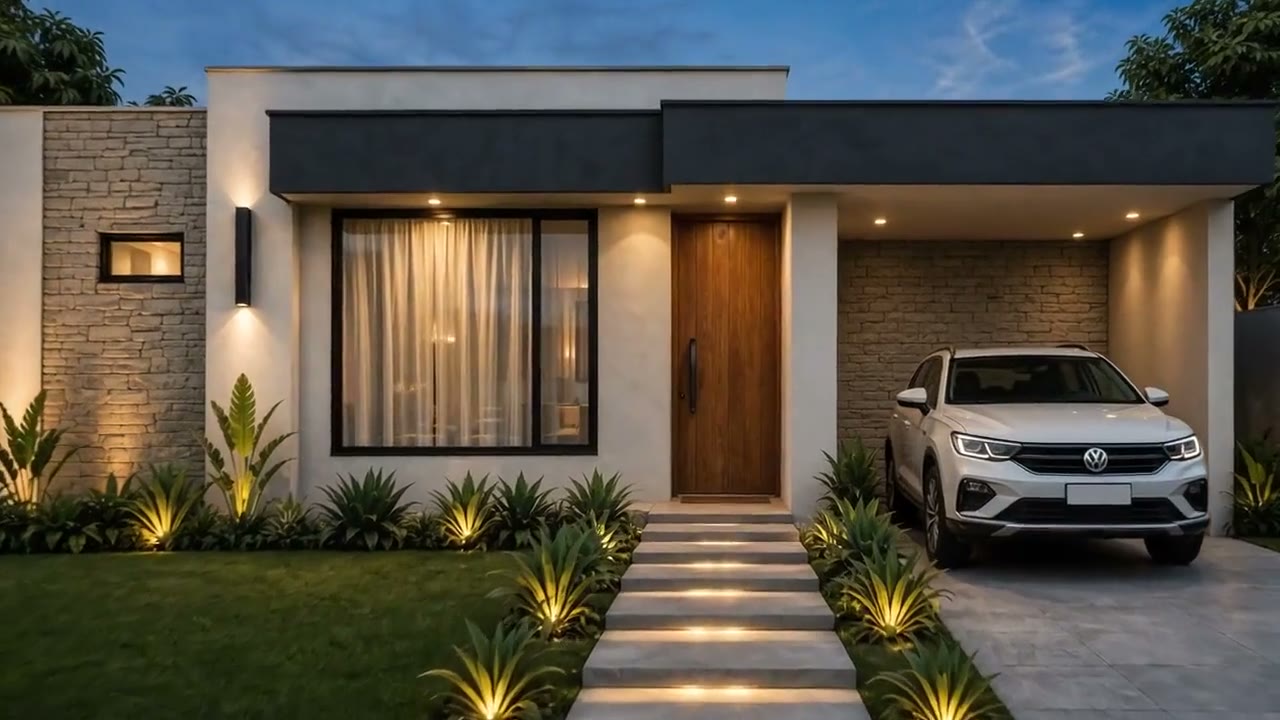 Fachada al atardecer de una casa campestre Ruitoque, con iluminación cálida y parqueadero privado