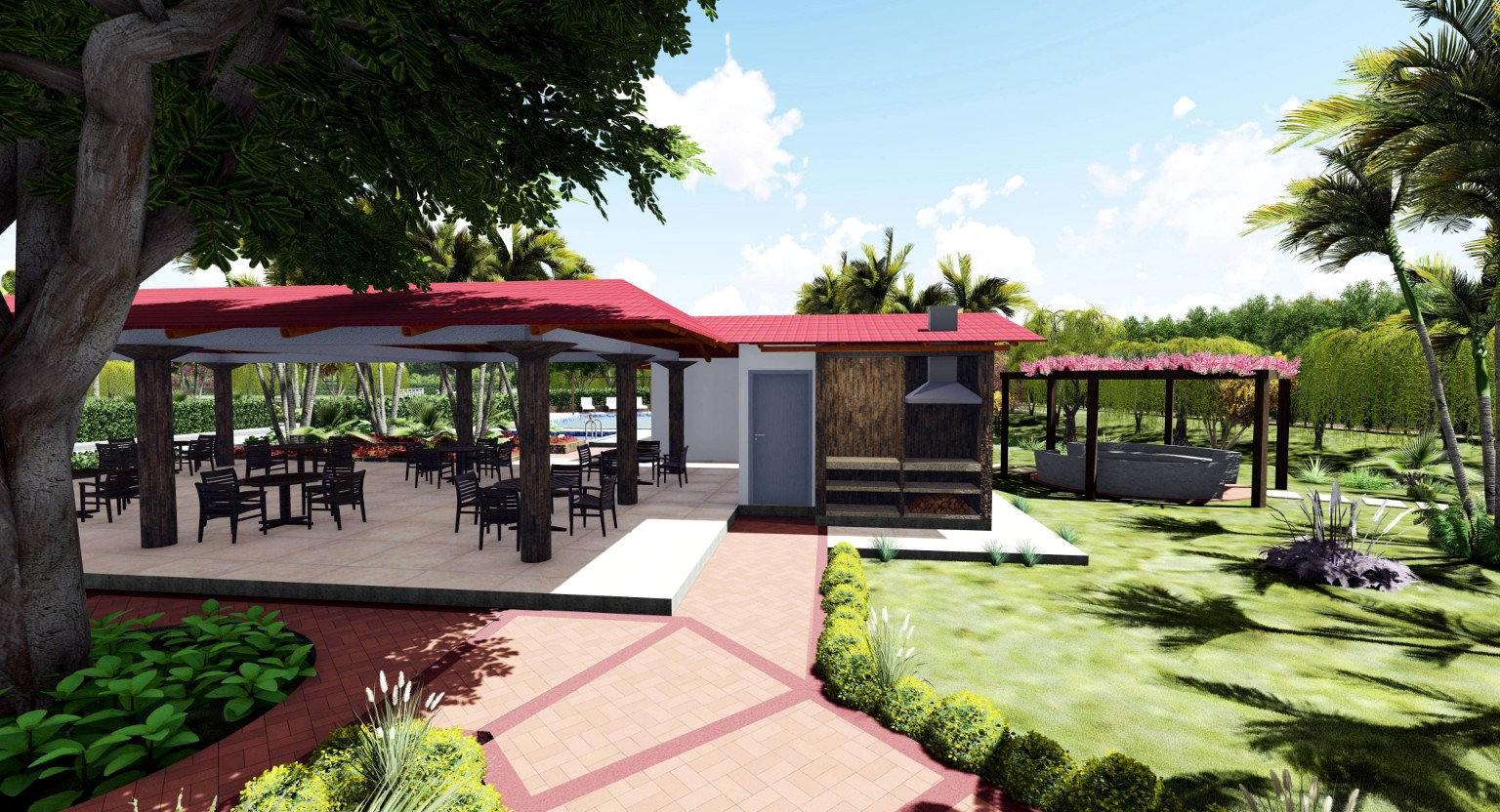 Detalle del área de BBQ y pérgola con jacuzzi