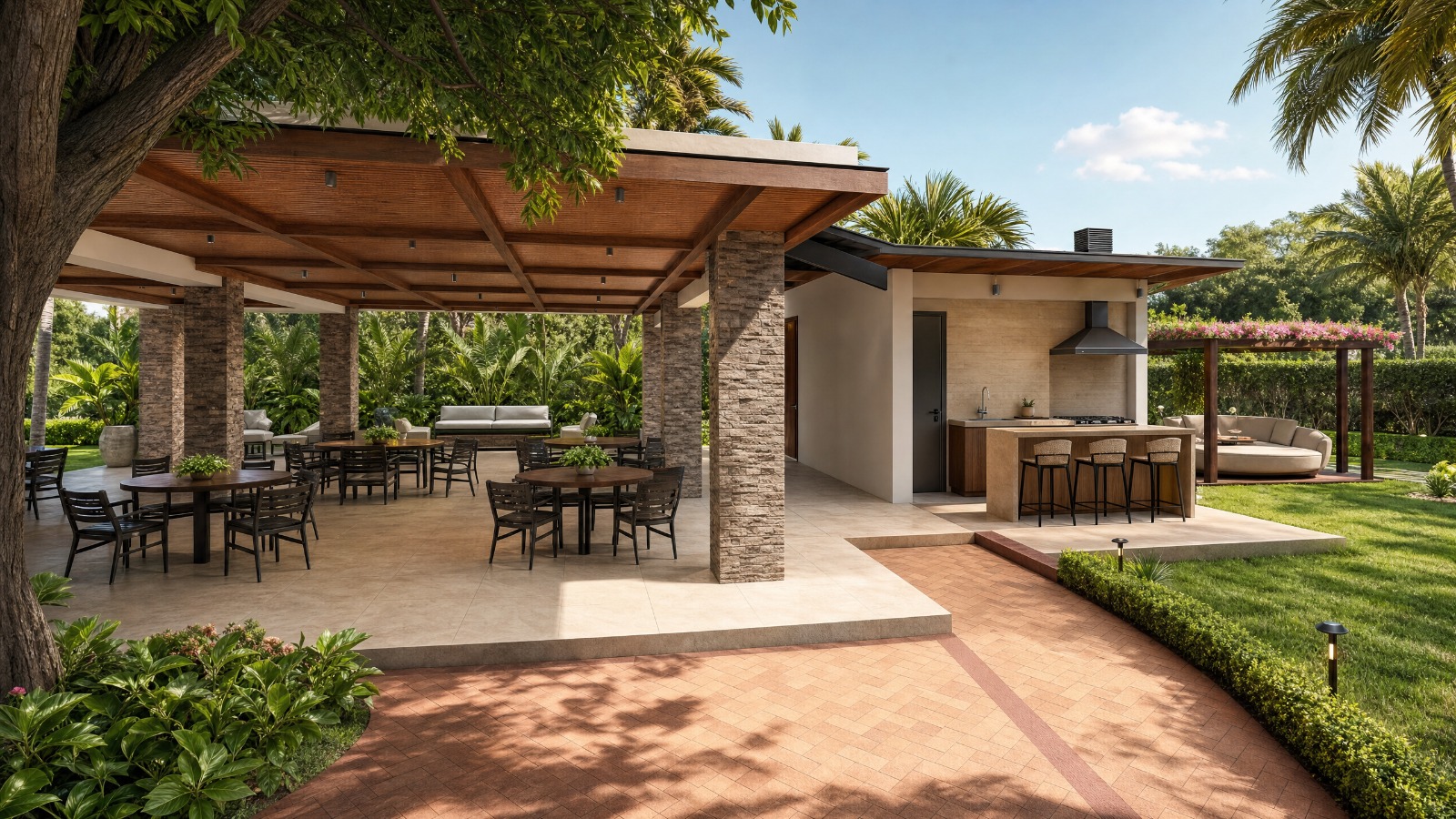 Salón social techado con zona BBQ, cocina y pérgola